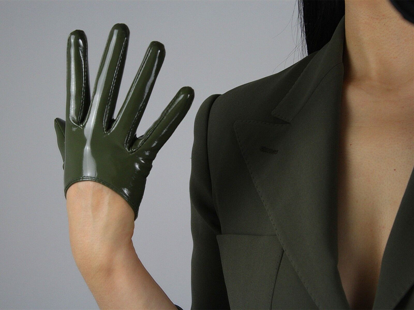 LATEX GLOVES Shine Leather Faux Patent PU 5" 13cm Extra Short Olive Army Green