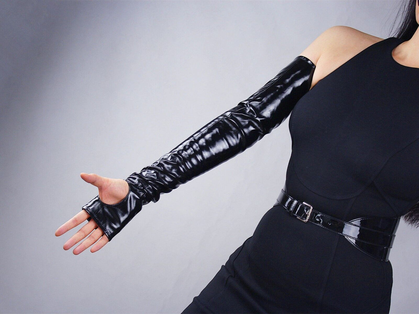 LATEX LONG GLOVES Shine Leather Faux Patent Black Fingerless Wristlet Half finger