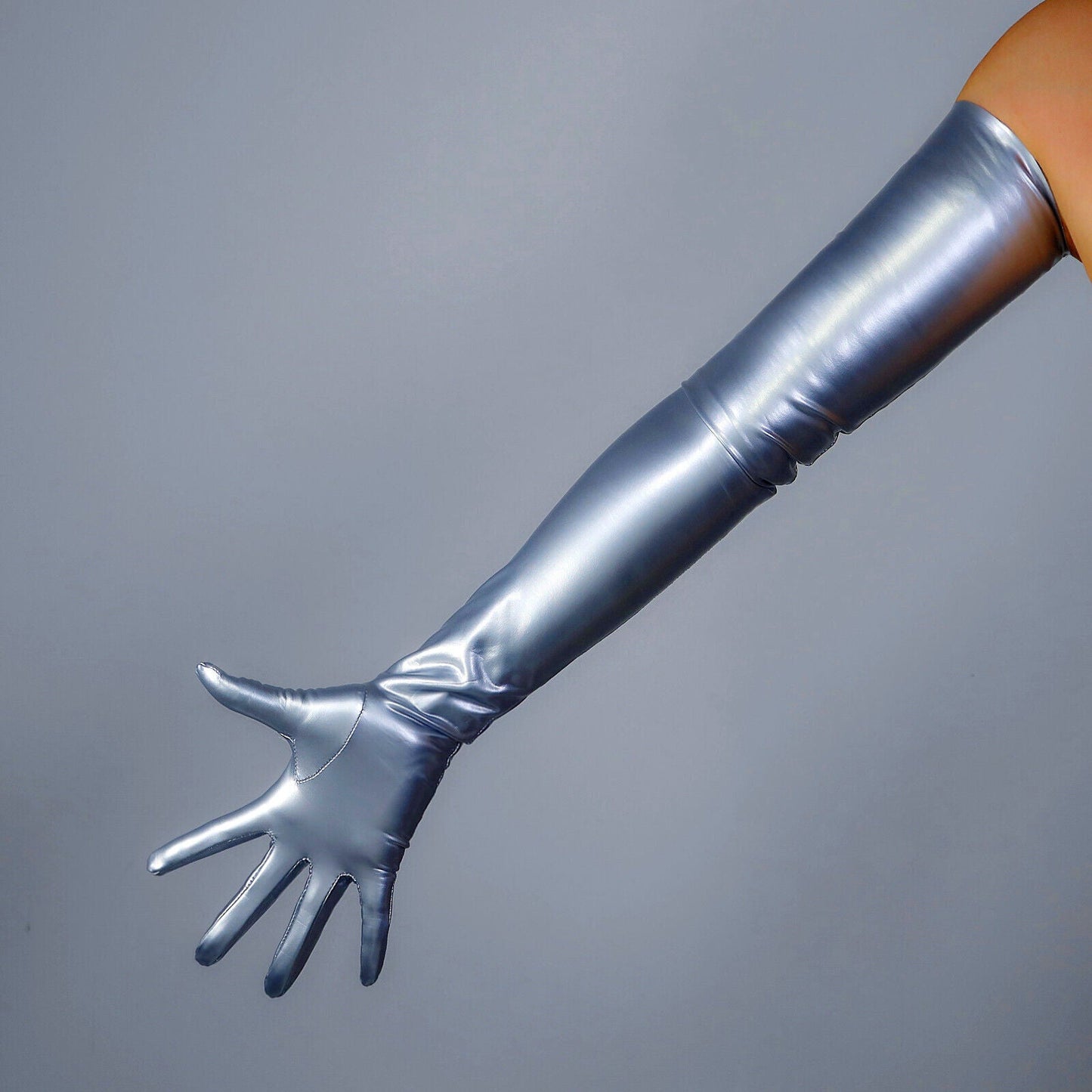 LATEX GLOVES Extra Thin Faux Leather Rubber 28" 70cm Shine Silver LONG FITTED