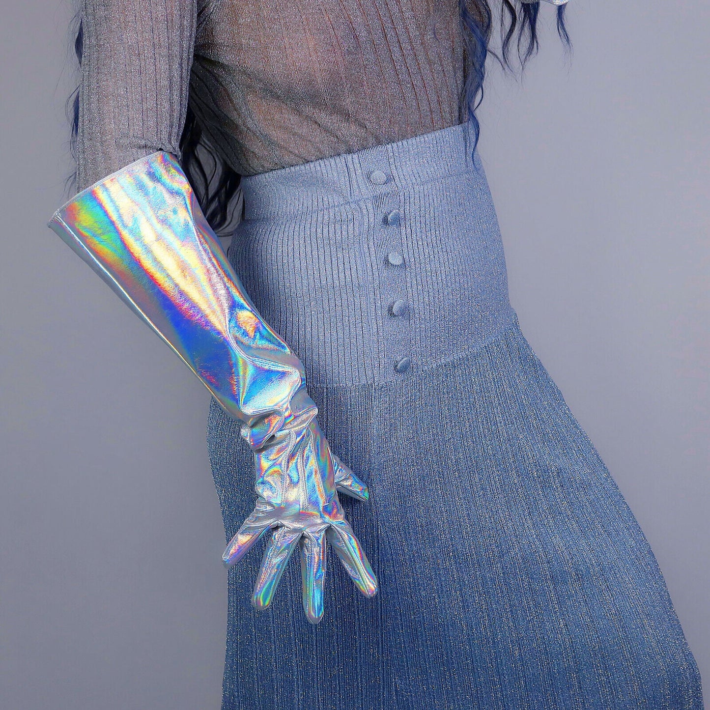 LATEX LONG GLOVES Faux Patent Leather 20" 50cm Hologram Silver PUFF SLEEVES