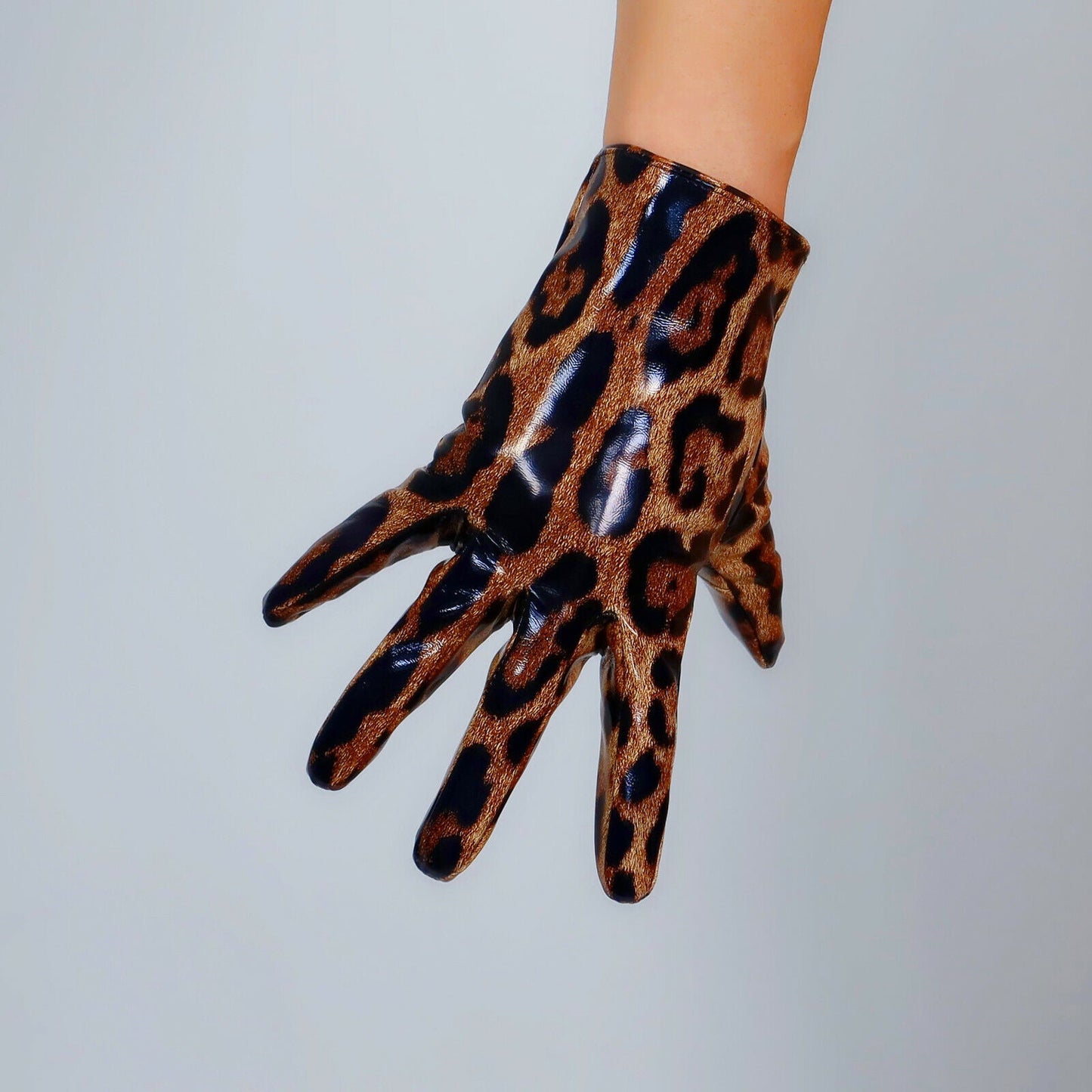 LATEX SHORT GLOVES Faux Shine Patent Leather 8" 21cm Jaguar Leopard Brown Wrist