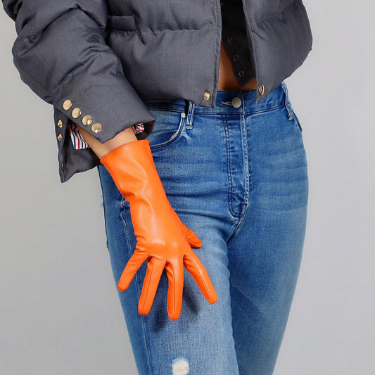 FASHION GLOVES Faux Leather Sheepskin PU 11" 28cm Wrist Daily Short Orange