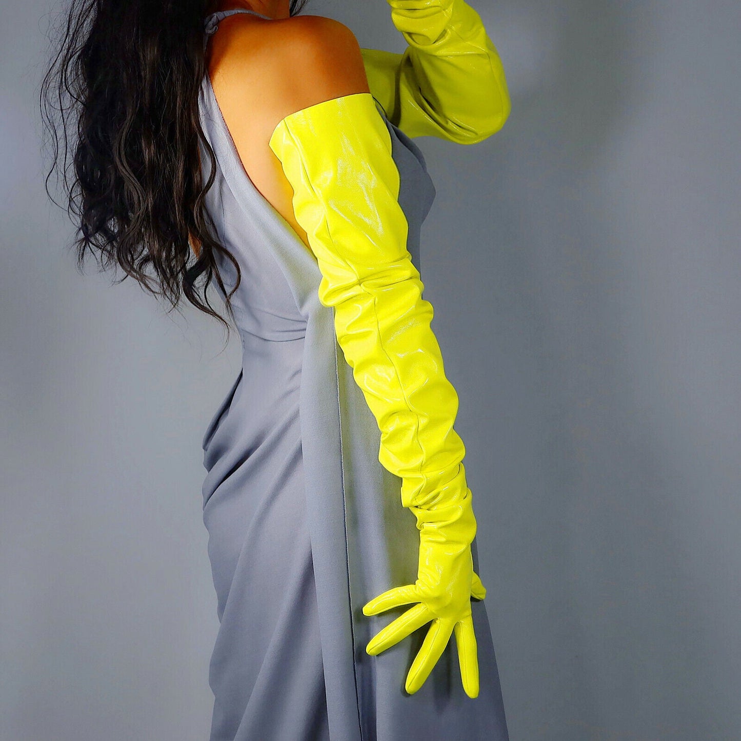 LATEX GLOVES 90cm Extra Long Shine Leather Faux Patent Lime Fluorescent Yellow