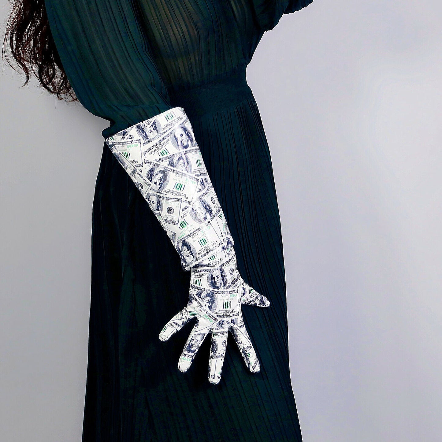 LATEX LONG GLOVES Faux Shine Patent Leather 20" 50cm Dollar Print PUFF SLEEVES L