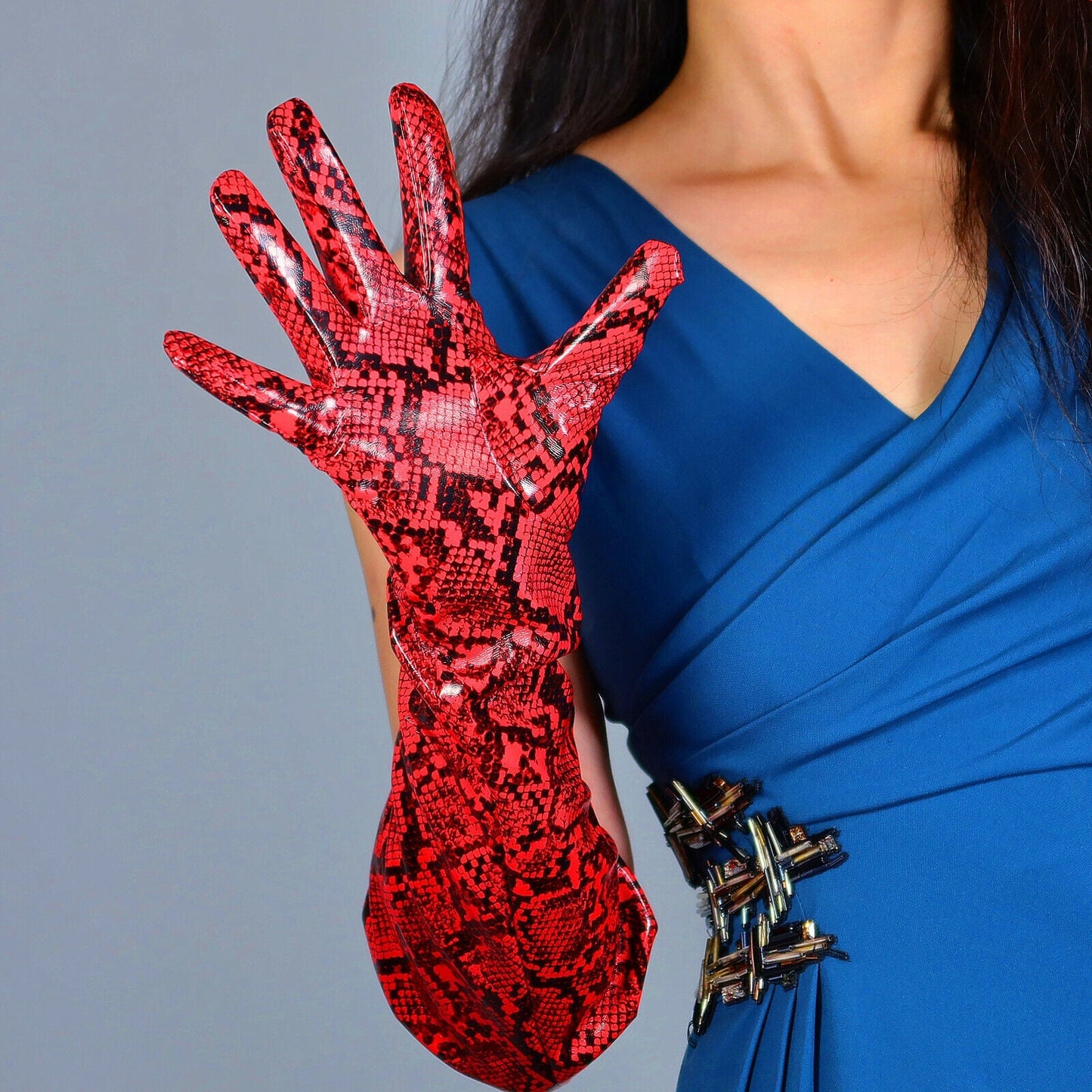 LONG LATEX GLOVES Faux Patent Leather 20" 50cm Red Snake Python PUFF SLEEVES L