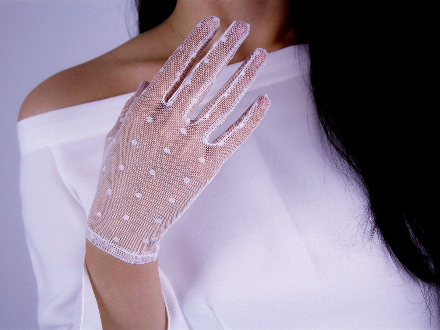 MESH SHORT GLOVES Polka Dot Lace Stretch Tulle Semi Sheer Touchscreen White