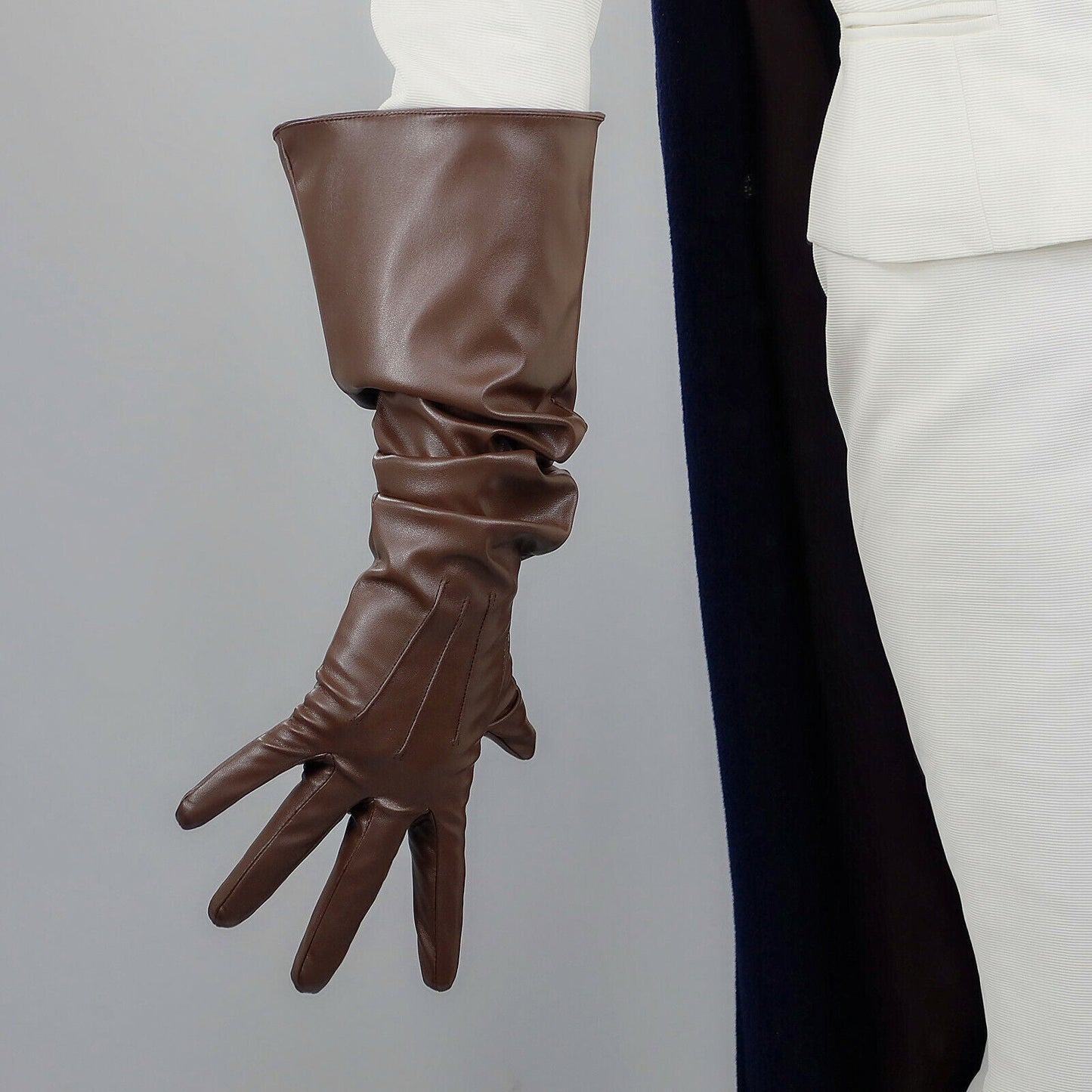 PUFF SLEEVES GLOVES Faux Leather 20" 50cm Long Coffee Dark Deep Brown L Loose