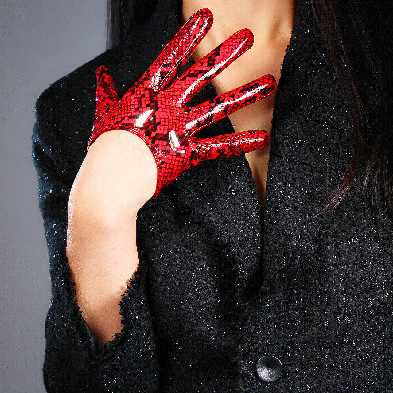 EXTRA SHORT LATEX GLOVES Faux Patent Leather 5" 13cm Shine Red Snake Python