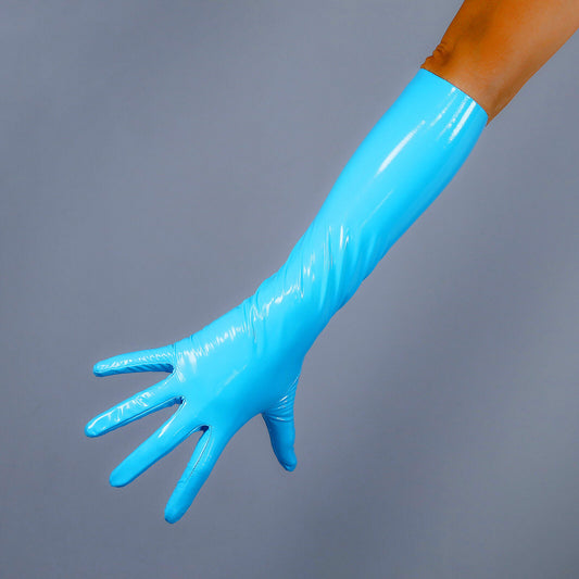 LATEX GLOVES Extra Thin Faux Patent Leather 16" 40cm Shine Baby Blue LONG FITTED