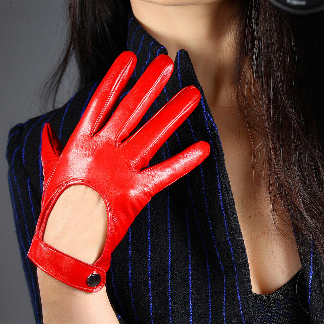 TECH GLOVES Real Leather Short Red Lambskin Sheepskin Belt with Button Closure