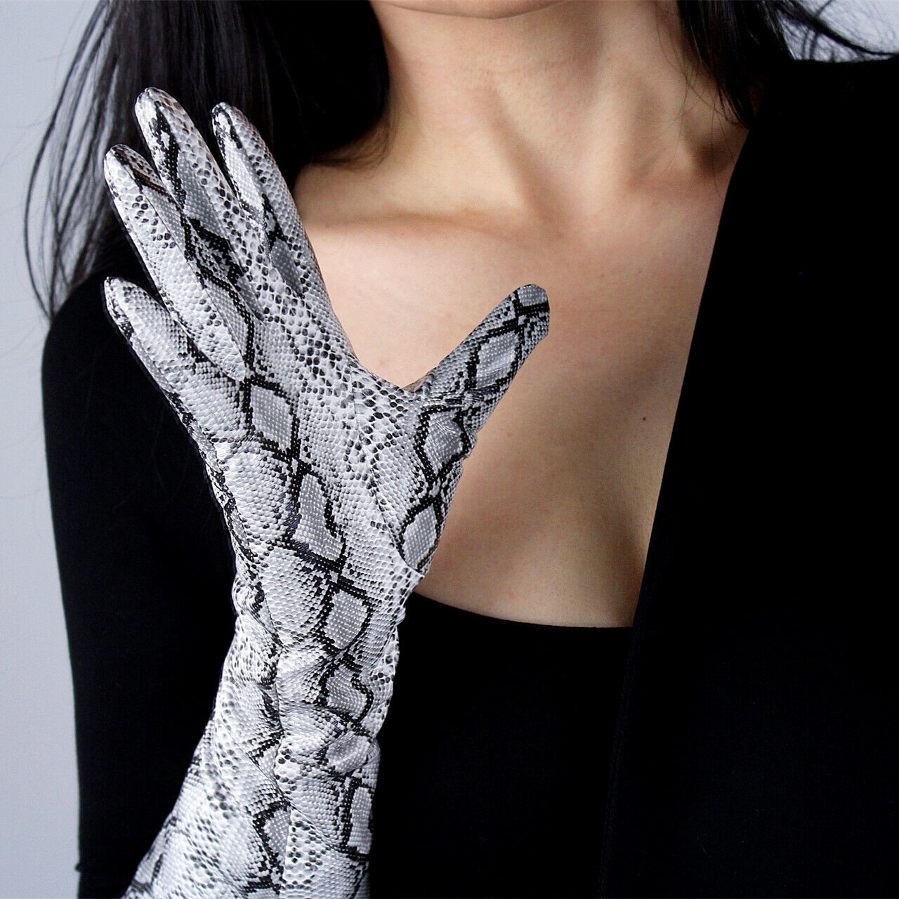 LATEX LONG GLOVES Shine Leather PU 16" 40cm Animal Print Snakeskin Silver Python