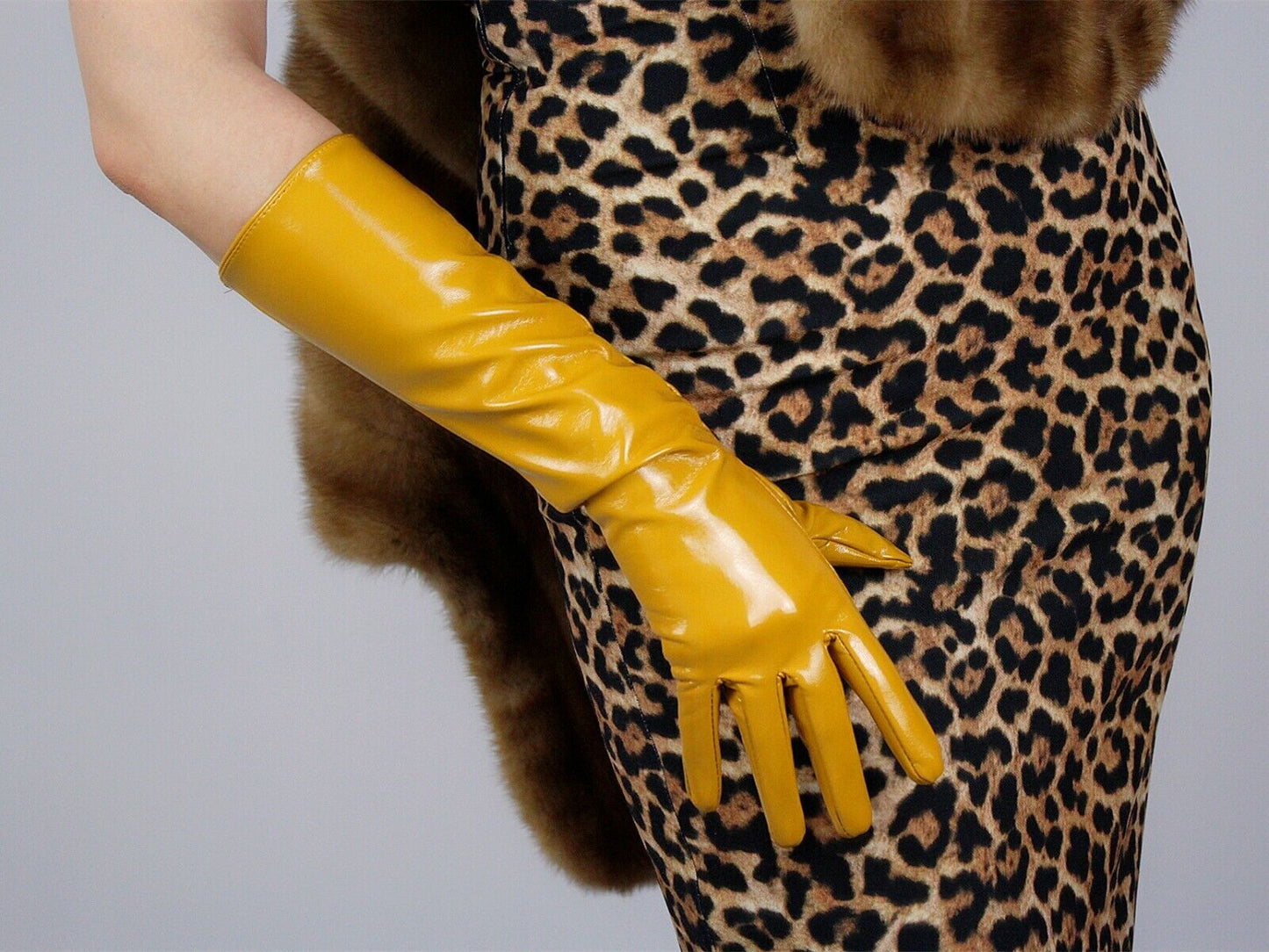 LATEX LONG GLOVES Shine Leather Faux Patent PU 16" 40cm Opera Mustard Yellow