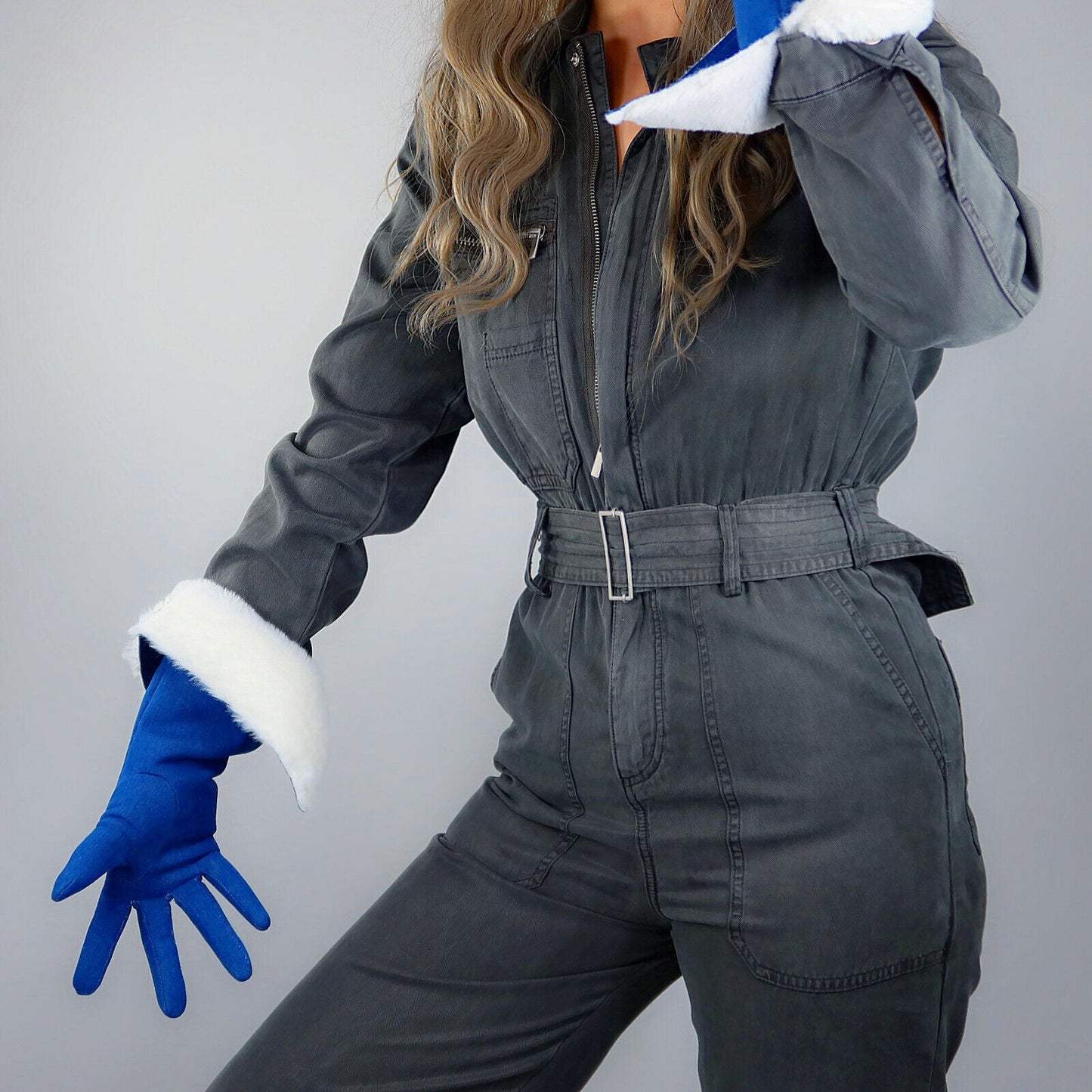 SHEARLING LONG GLOVES Denim Blue 15" 38cm Faux White Fur Big Puff Sleeves Unisex