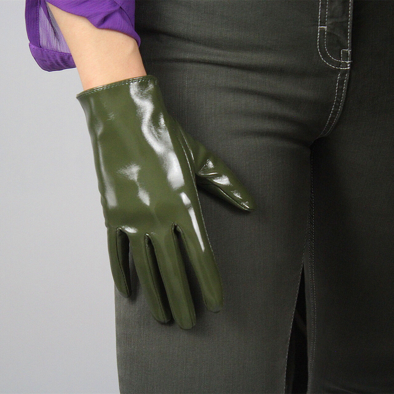 LATEX GLOVES Shine Leather Faux Patent 8" 21cm Short Wrist Olive Army Green