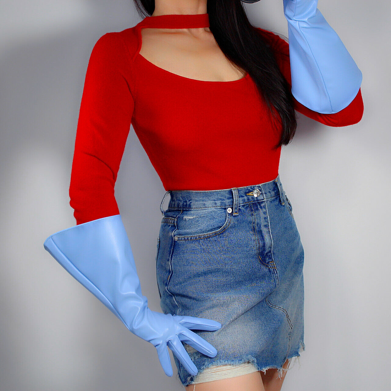 LONG GLOVES Unisex POWDER BLUE Faux Leather 38cm Wide Balloon Puff Sleeves L