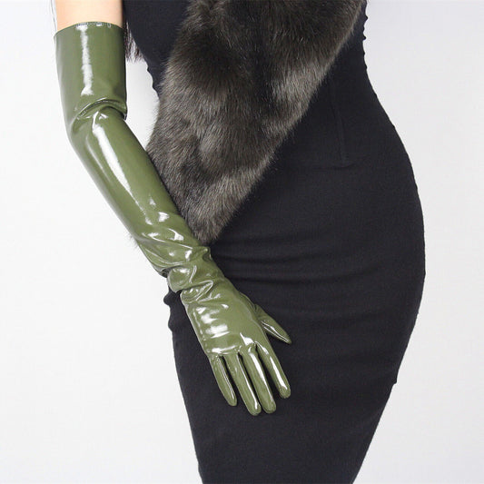 LATEX LONG GLOVES Shine Leather Faux Patent PU 24" 60cm Fashion Olive Army Green