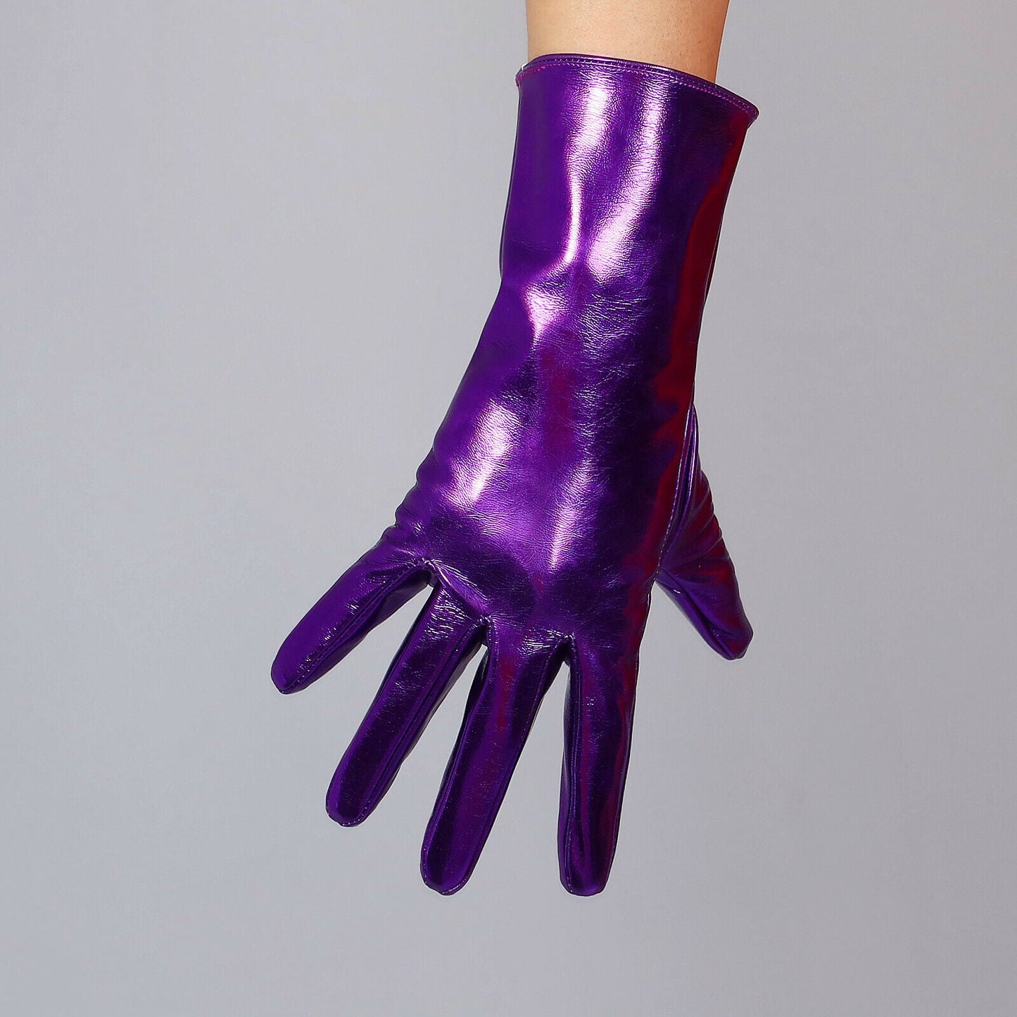 LATEX SHORT GLOVES Faux Shine Patent Leather 11" 28cm Wrist Long Shine Purple