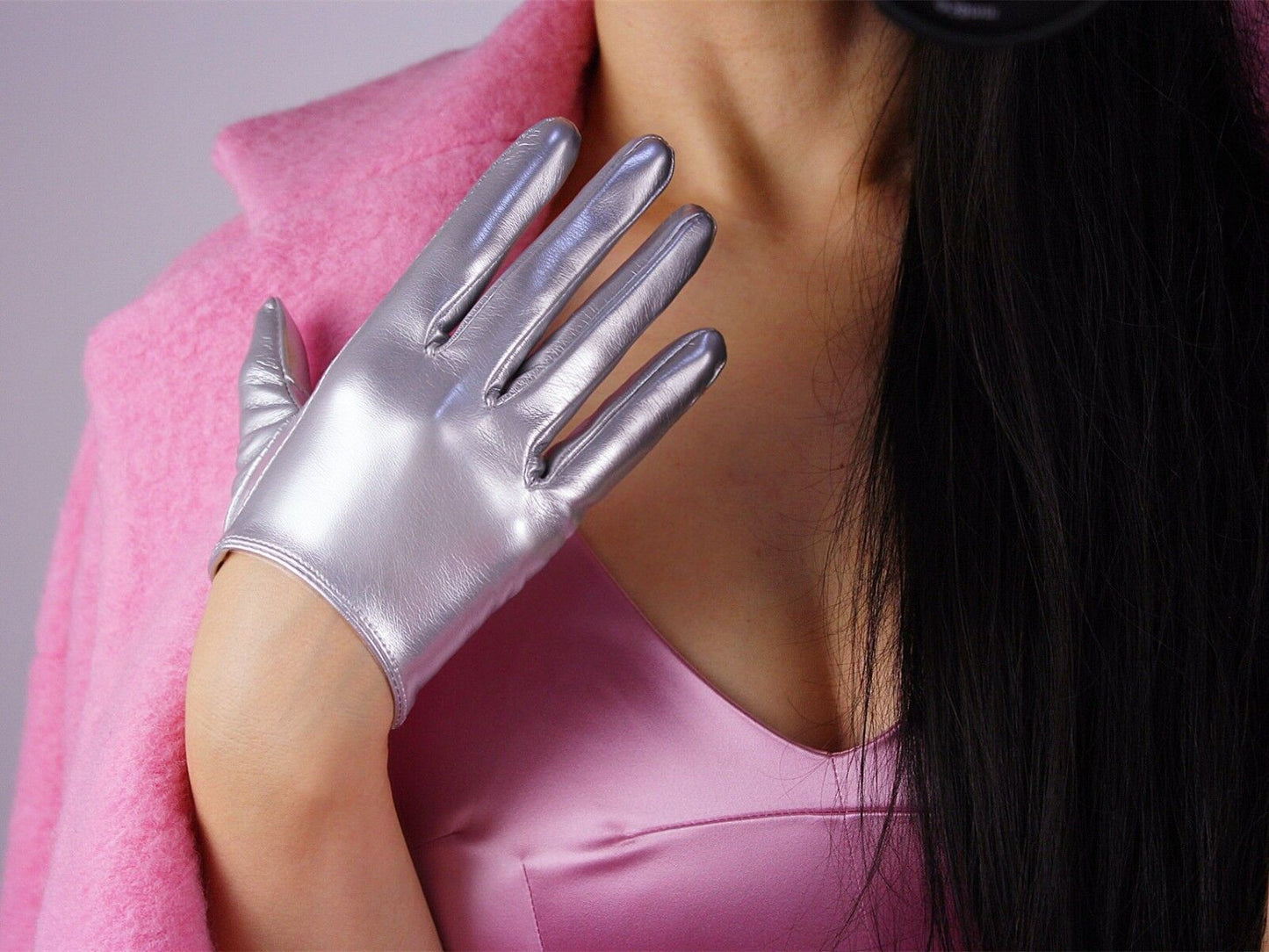 LATEX GLOVES Shine Leather Faux Patent PU 6" 16cm Short Opera Evening Silver