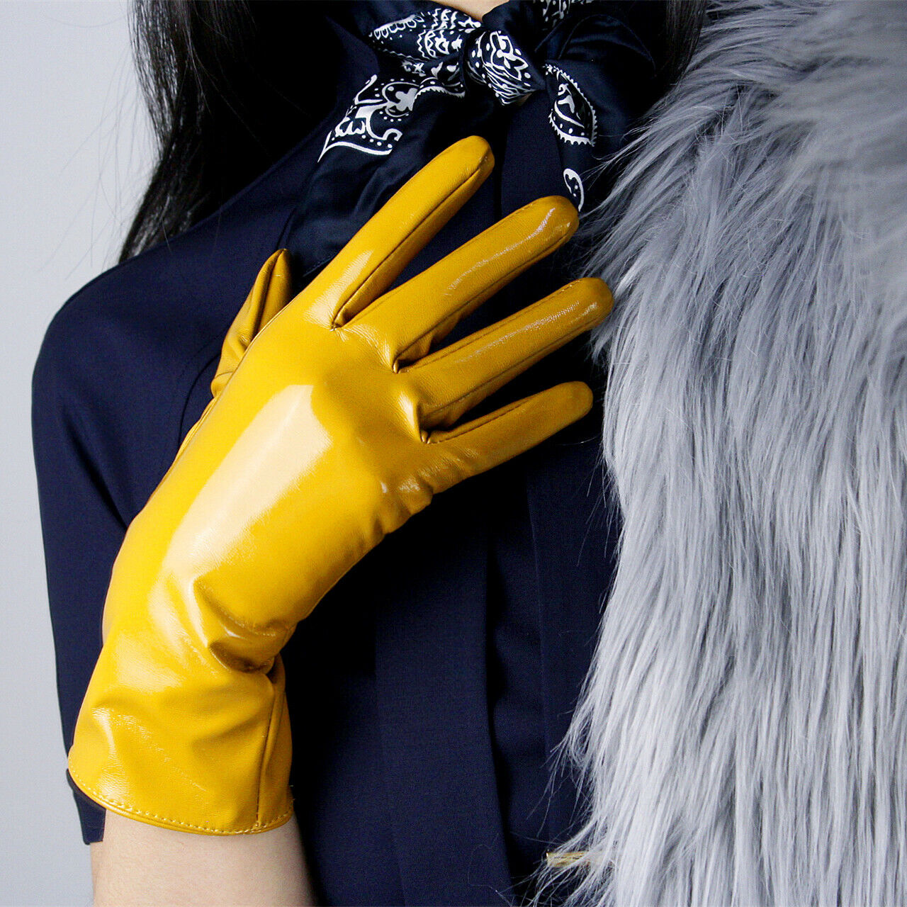 LATEX SHORT GLOVES Shine Leather Faux Patent PU 11" 28cm Wrist Ginger Yellow