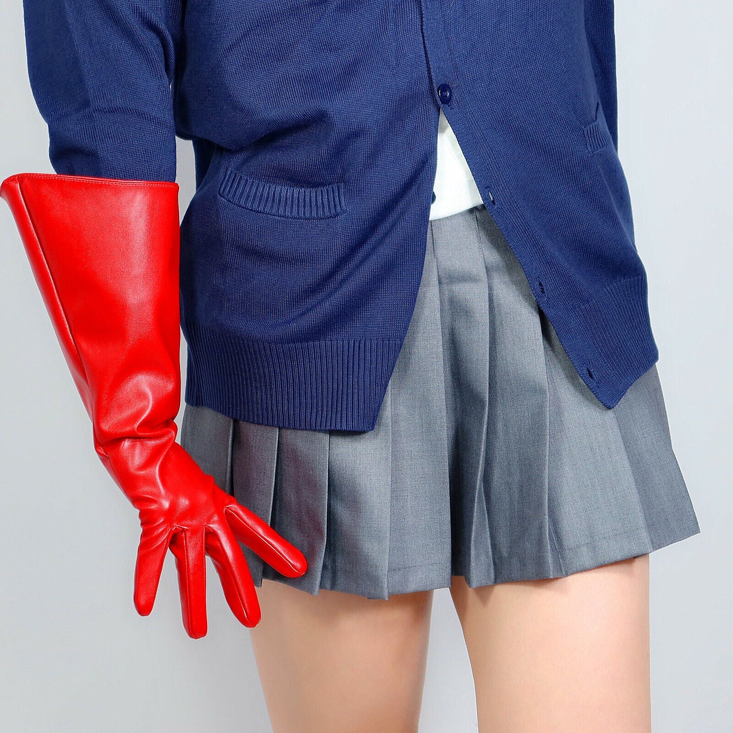 LONG GLOVES Unisex Hot Red Faux Leather 38cm Big Wide Balloon Puff Sleeves Large