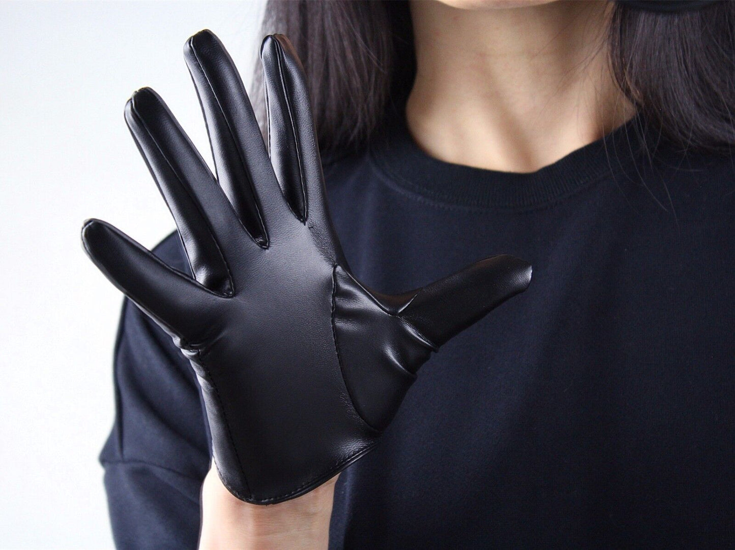 TECH GLOVES Extra Short Faux Leather Black Cosplay Touchscreen Sensitive 16cm 6"