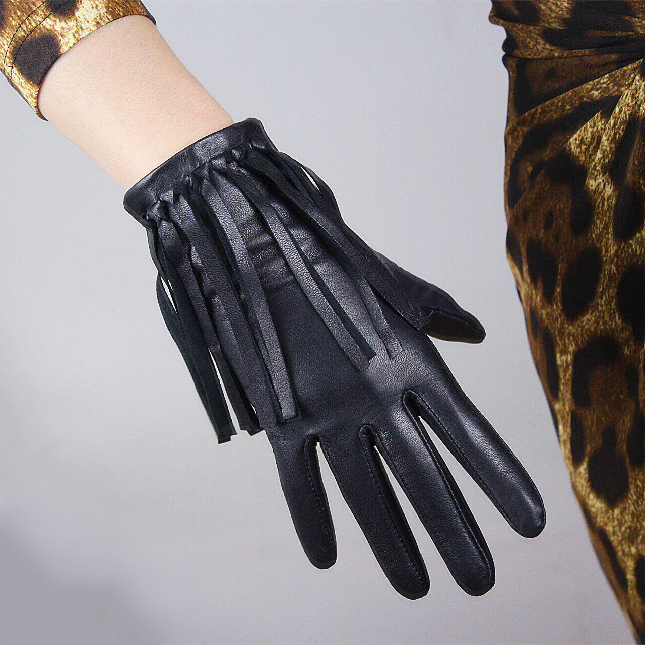 TECH GLOVES Real Leather Black Lambskin Sheepskin Wrist Long Short Fringe Cuffs