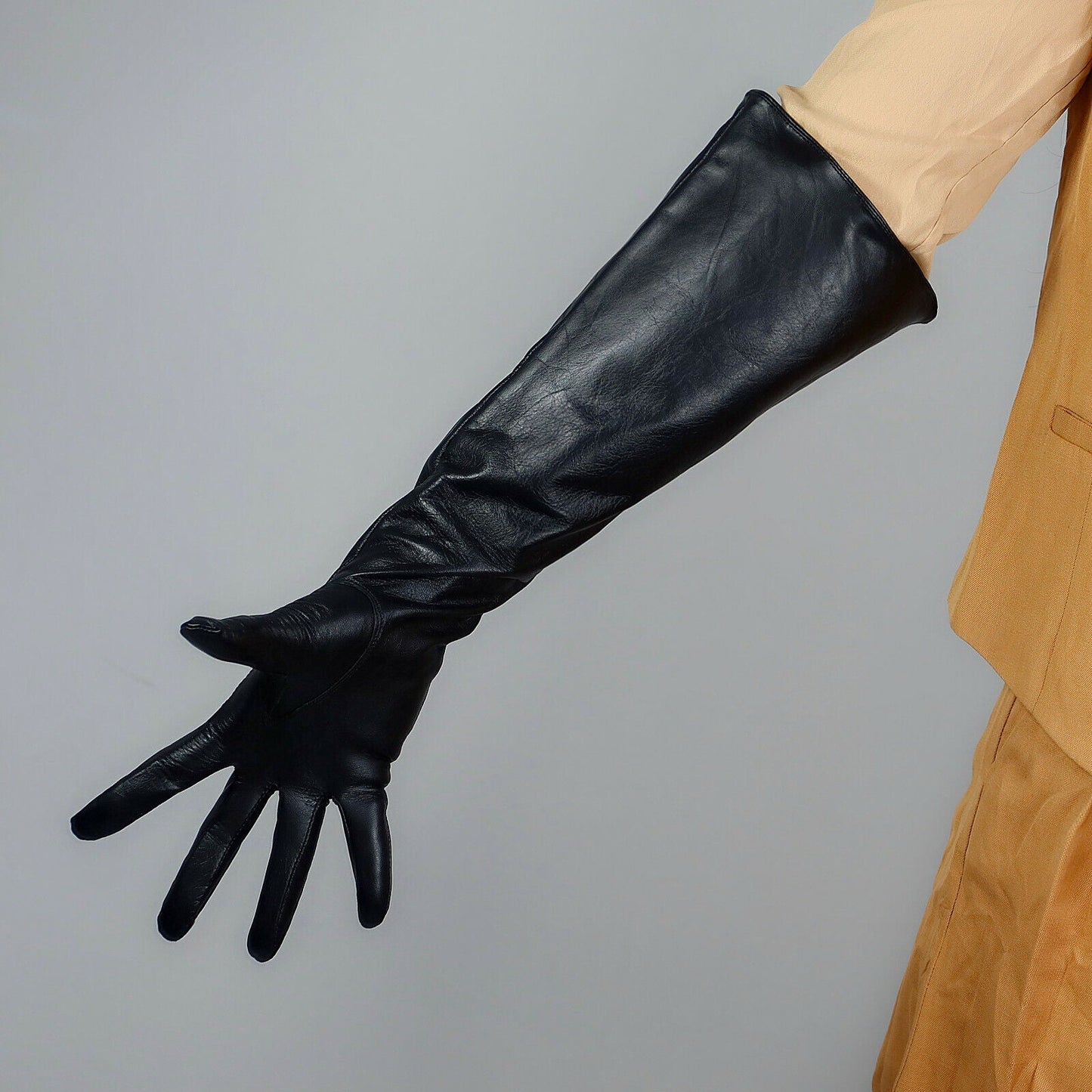 REAL LEATHER TECH LONG GLOVES Unisex Black 50cm Wide Balloon Large PUFF SLEEVES