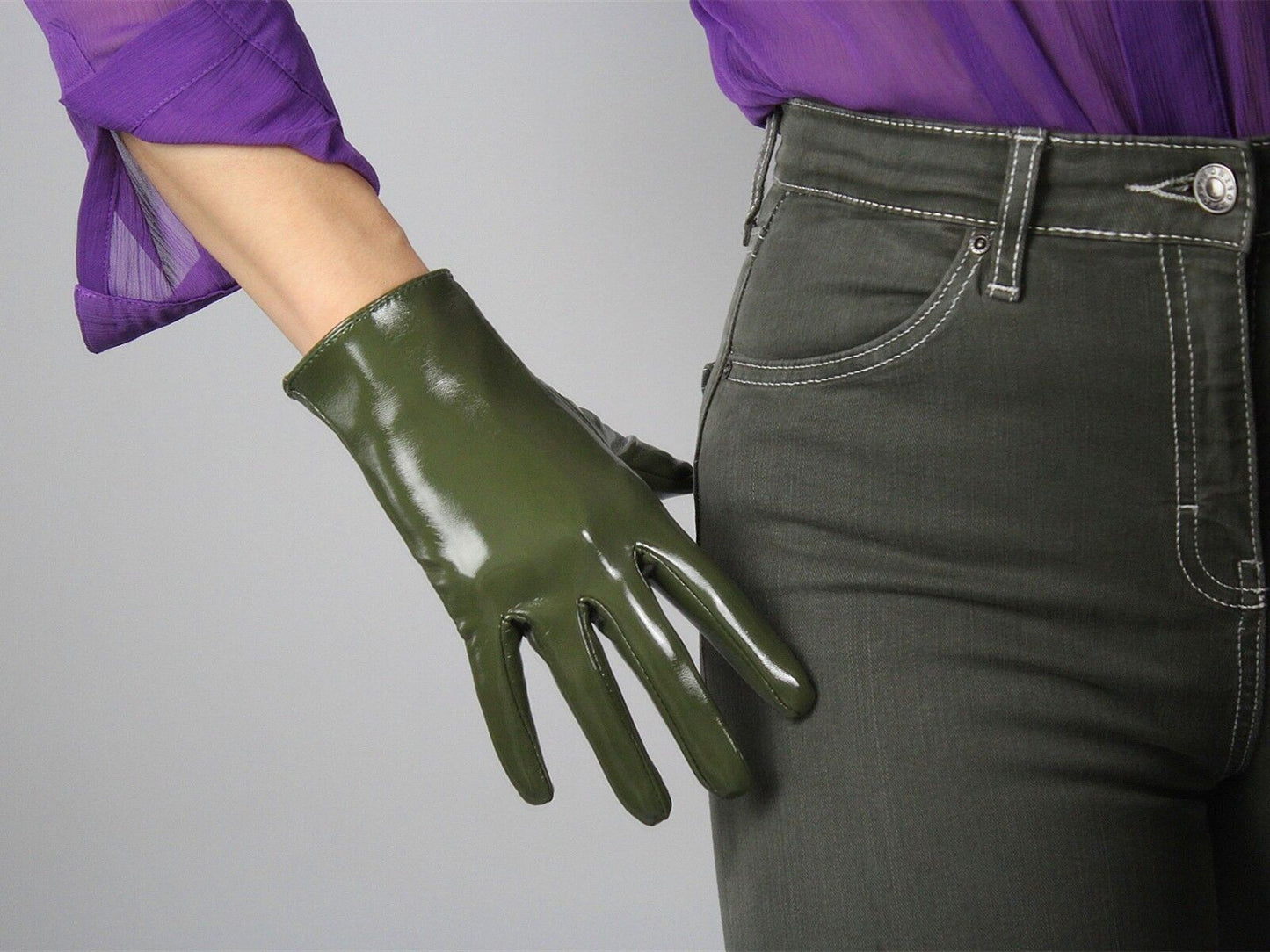 LATEX GLOVES Shine Leather Faux Patent 8" 21cm Short Wrist Olive Army Green