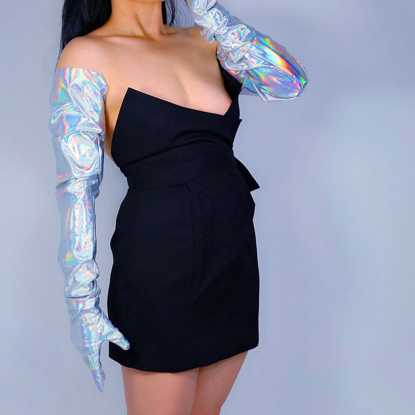 LATEX LONG GLOVES Faux Patent Leather 35" 90cm Hologram Silver Mermaid Rainbow