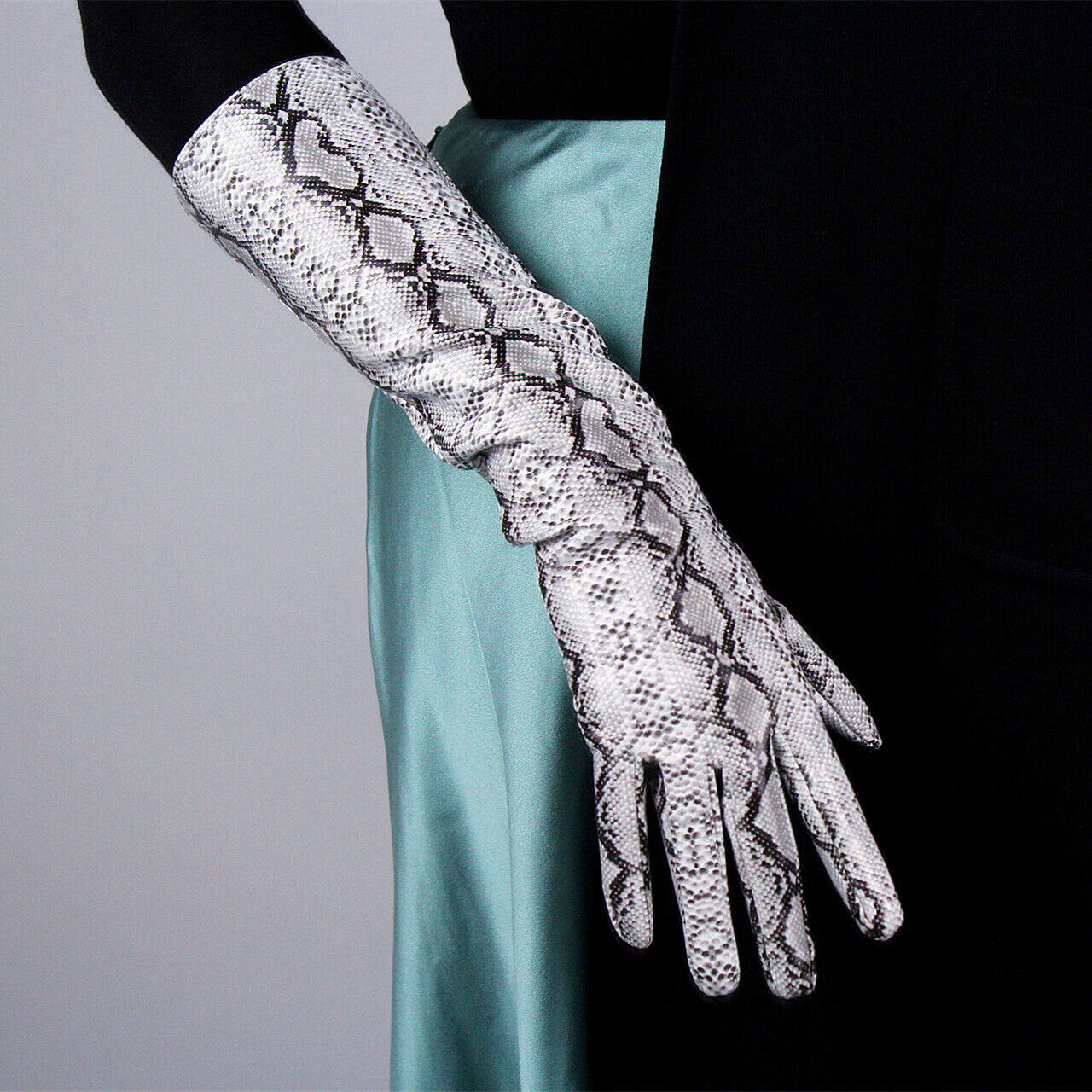 LATEX LONG GLOVES Shine Leather PU 16" 40cm Animal Print Snakeskin Silver Python