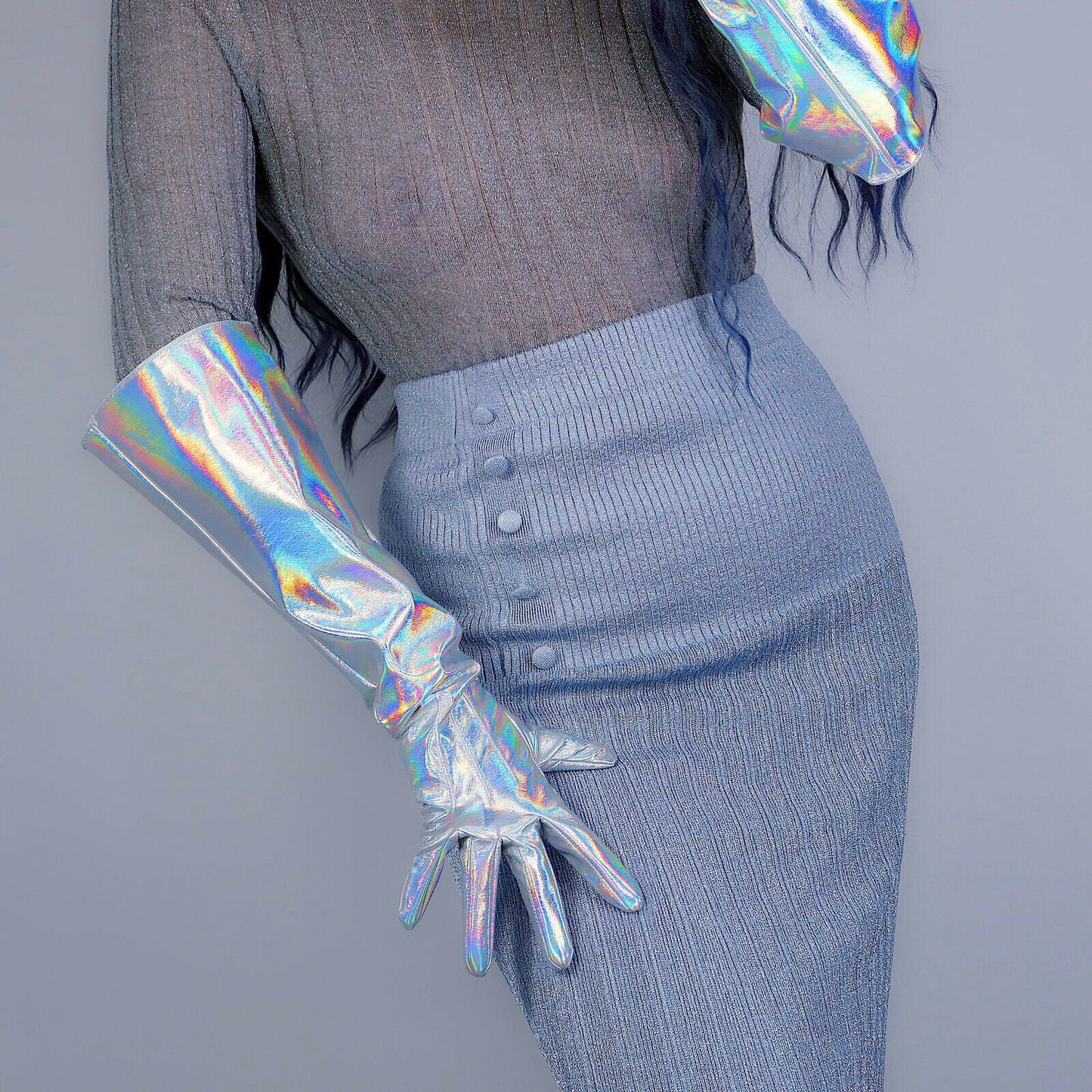 LATEX LONG GLOVES Faux Patent Leather 20" 50cm Hologram Silver PUFF SLEEVES