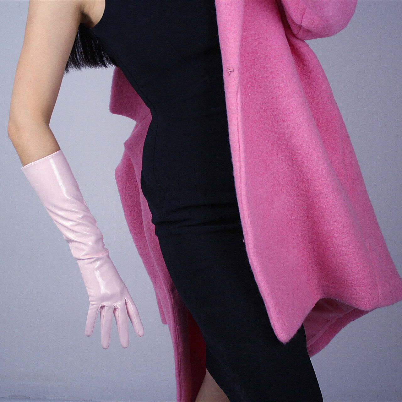 LATEX LONG GLOVES Shine Leather Faux Patent PU 16" 40cm Opera Evening Pink