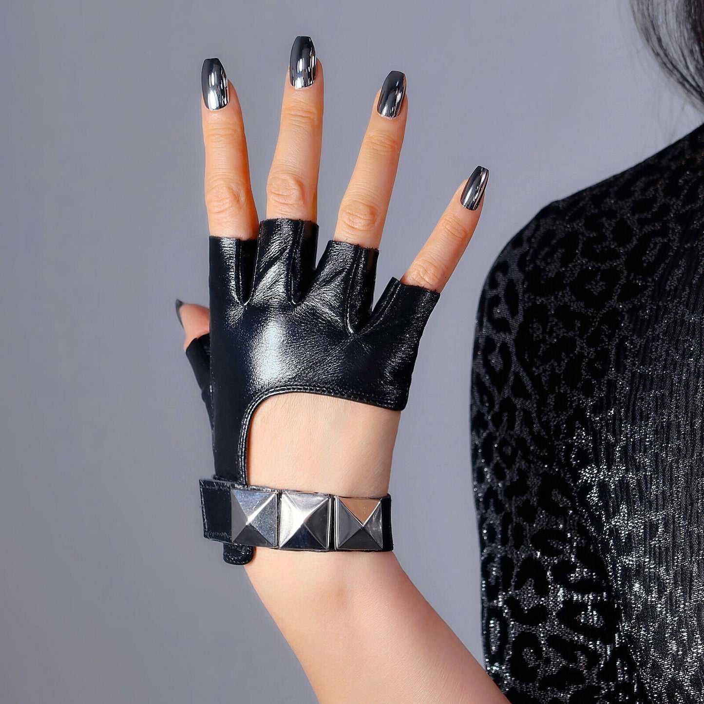 REAL LEATHER GLOVES Black Half Finger