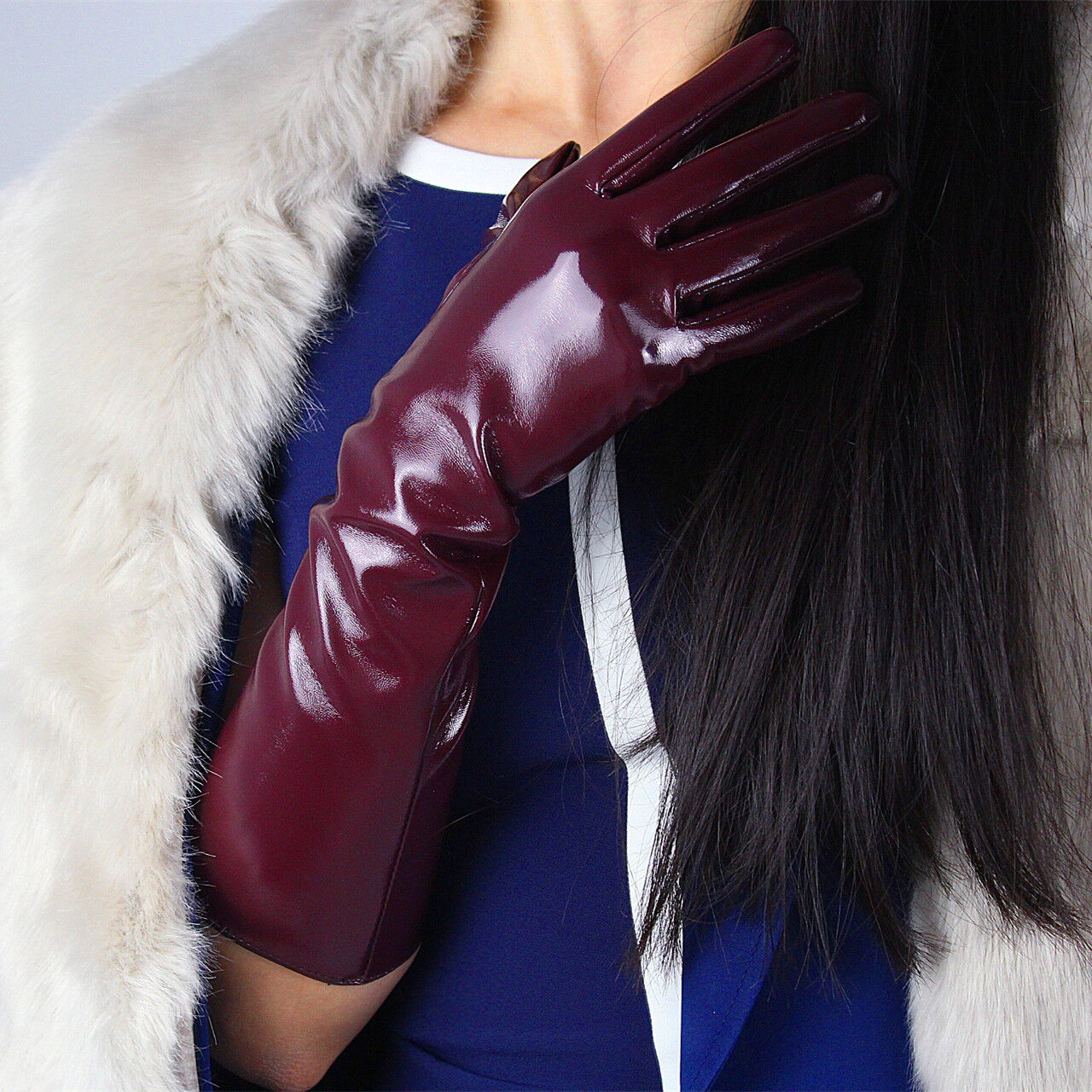 LATEX LONG GLOVES Shine Leather Faux Patent PU 16" 40cm Elbow Dark Red Purple