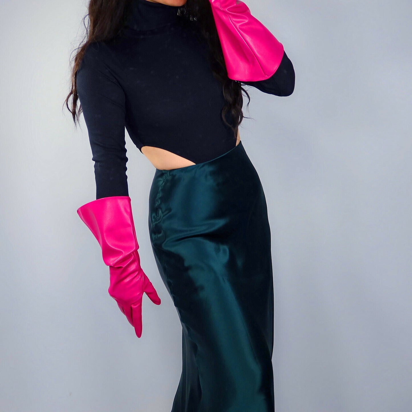 FASHION GLOVES Faux Leather 15" 38cm Long Elbow Rose Pink Fuchsia Loose Fit L