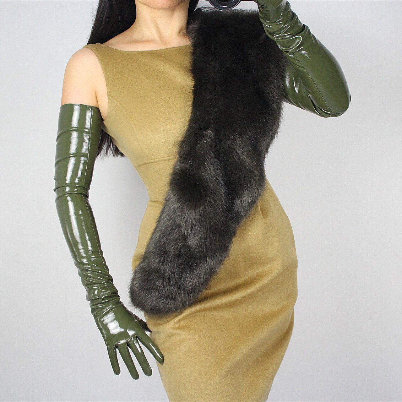 LATEX LONG GLOVES Shine Leather Faux Patent PU 28" 70cm Opera Olive Army Green