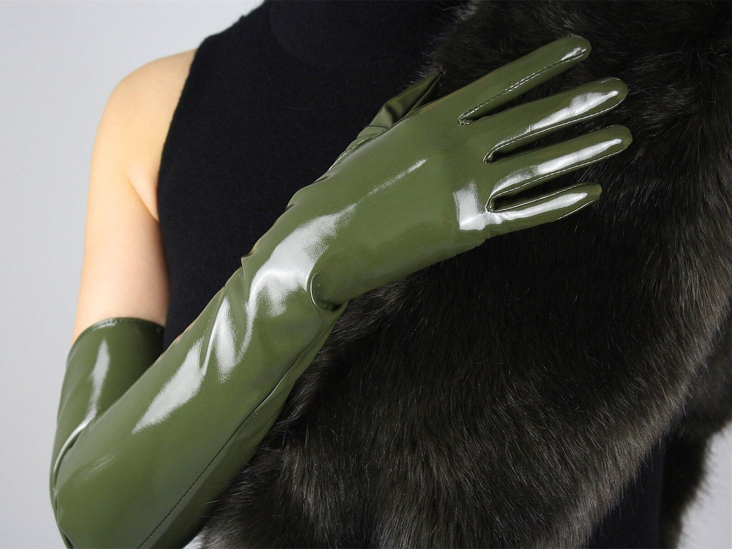 LATEX LONG GLOVES Shine Leather Faux Patent PU 24" 60cm Fashion Olive Army Green