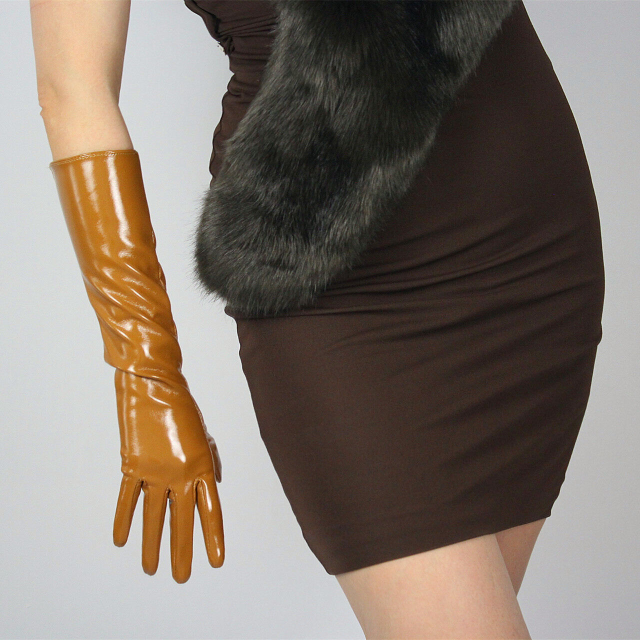 LATEX LONG GLOVES Shine Leather Faux Patent PU 16" 40cm Opera Evening Brown