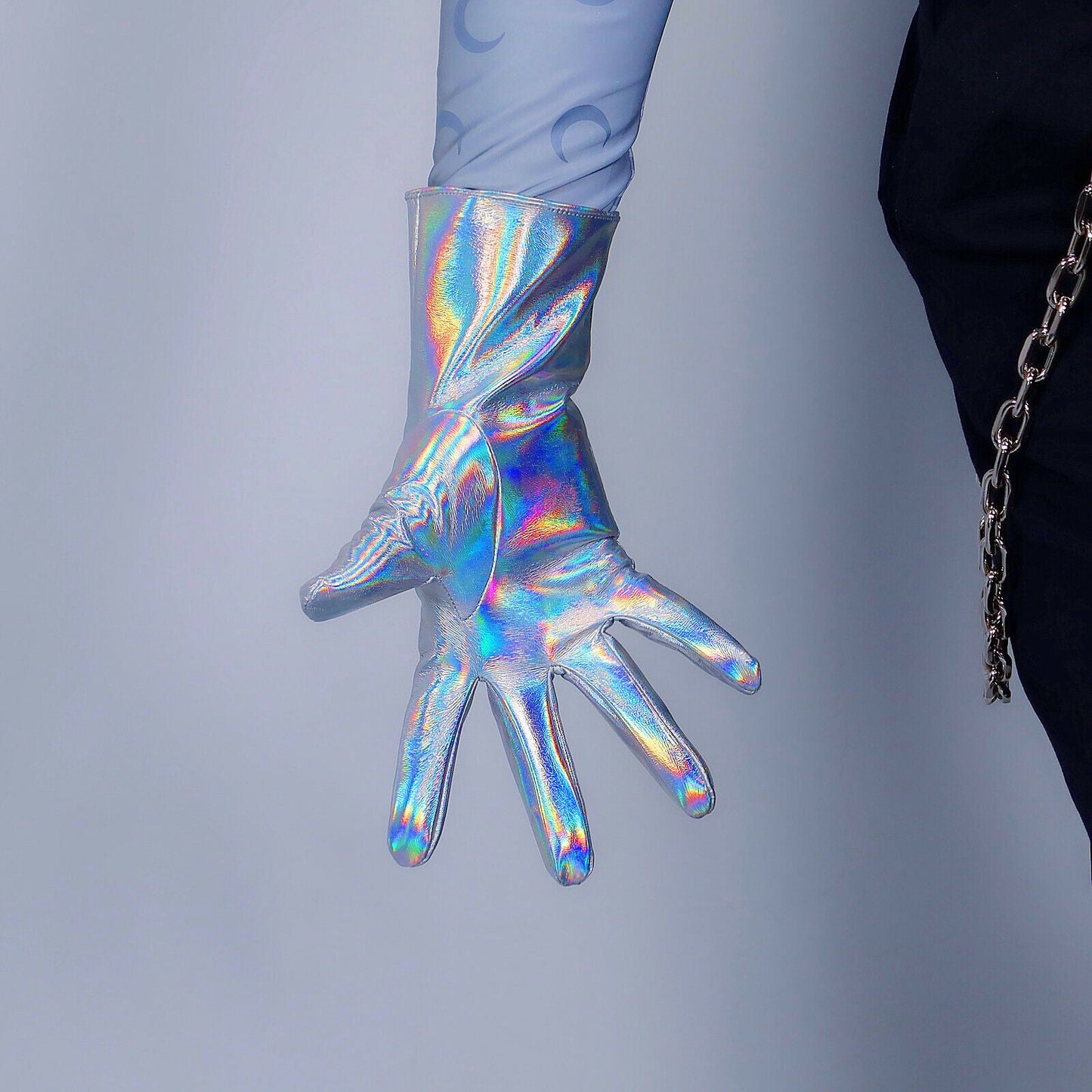 LATEX GLOVES Faux Patent Leather 11" 28cm Short Hologram Silver Mermaid Rainbow