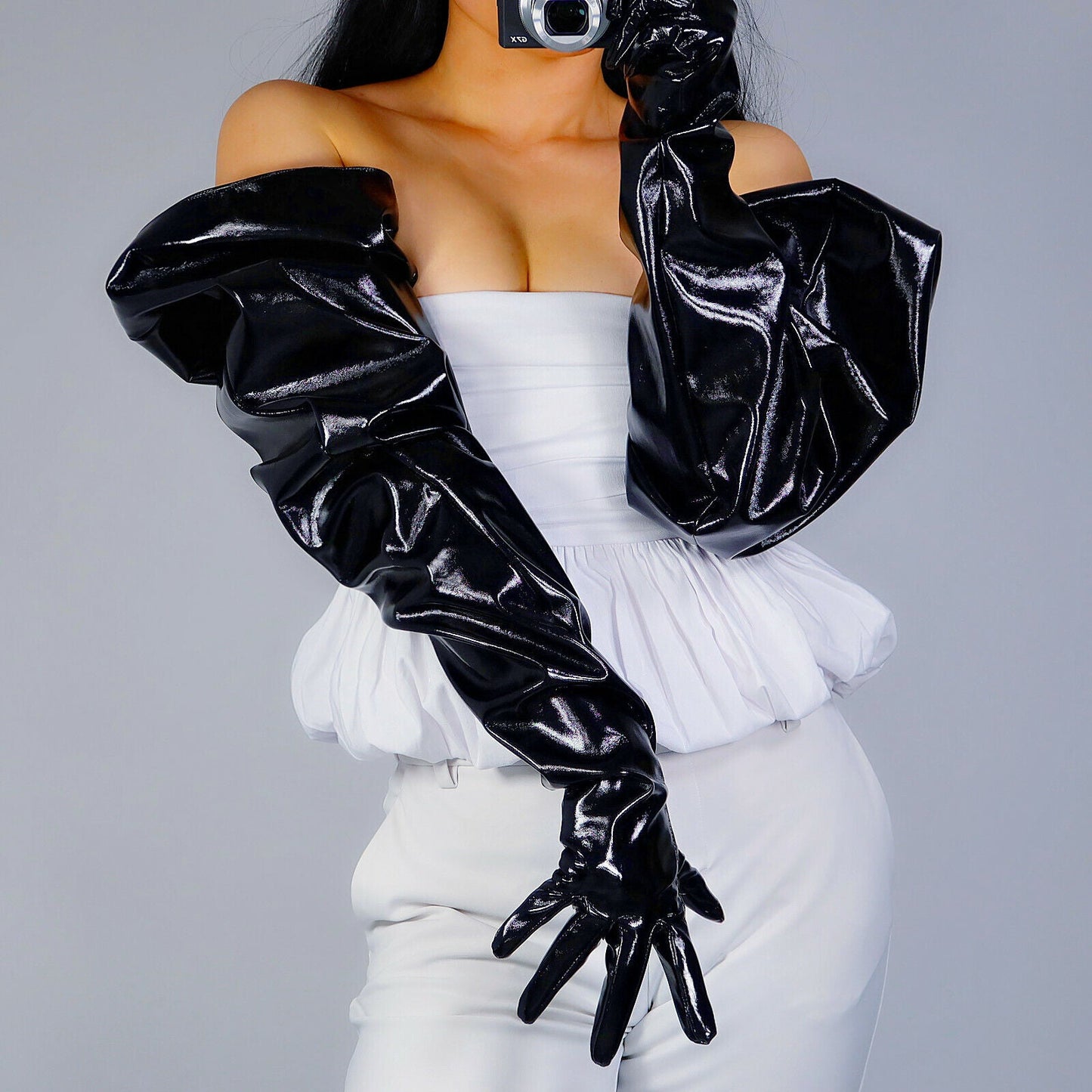 LATEX LONG GLOVES Unisex Black Faux Leather 85cm Wide Balloon Large PUFF SLEEVES