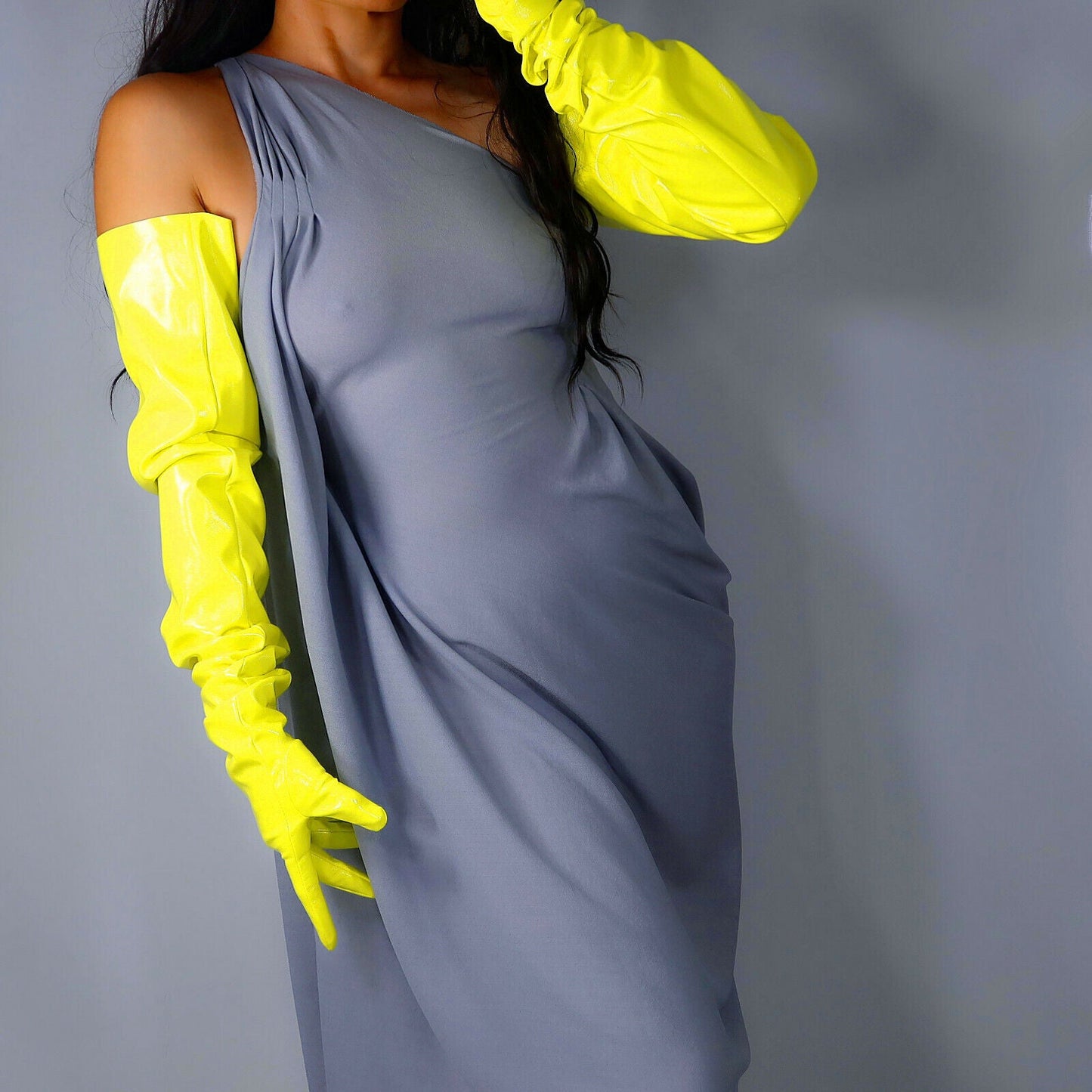 LATEX GLOVES 90cm Extra Long Shine Leather Faux Patent Lime Fluorescent Yellow