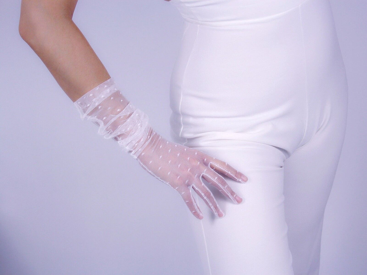 MESH LONG GLOVES Heart Shape Lace Stretch Tulle Semi Sheer Touchscreen White