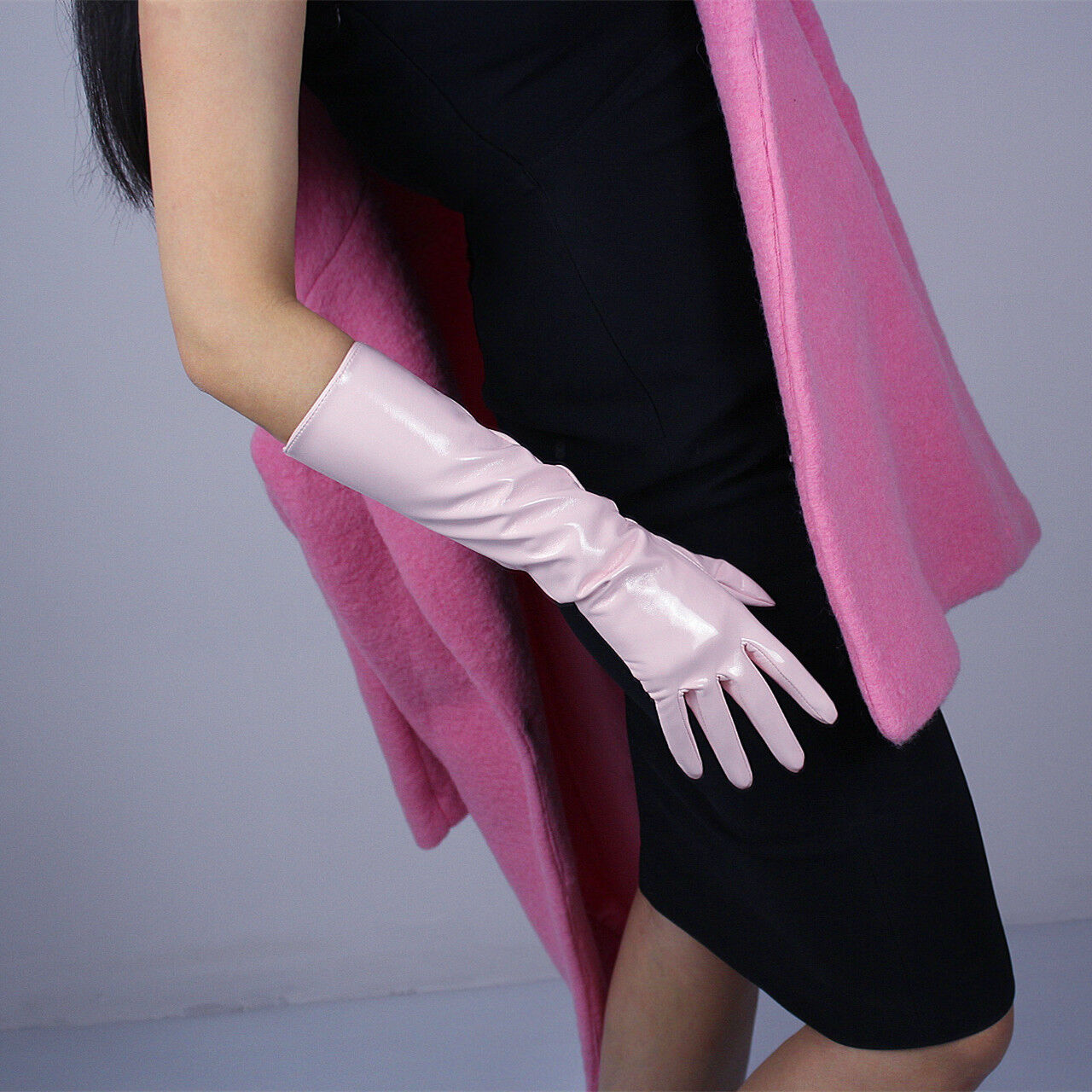 LATEX LONG GLOVES Shine Leather Faux Patent PU 16" 40cm Opera Evening Pink