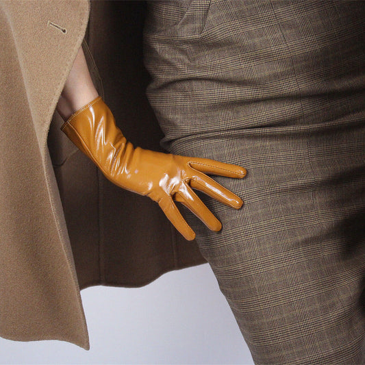 LATEX GLOVES Shine Leather Faux Patent PU 11" 28cm Short Daily Brown Tan Sugar