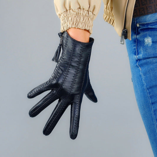 TECH GLOVES Real Leather Black Wrist Short Zipper Fringe Tassel Touchscreen Lamb