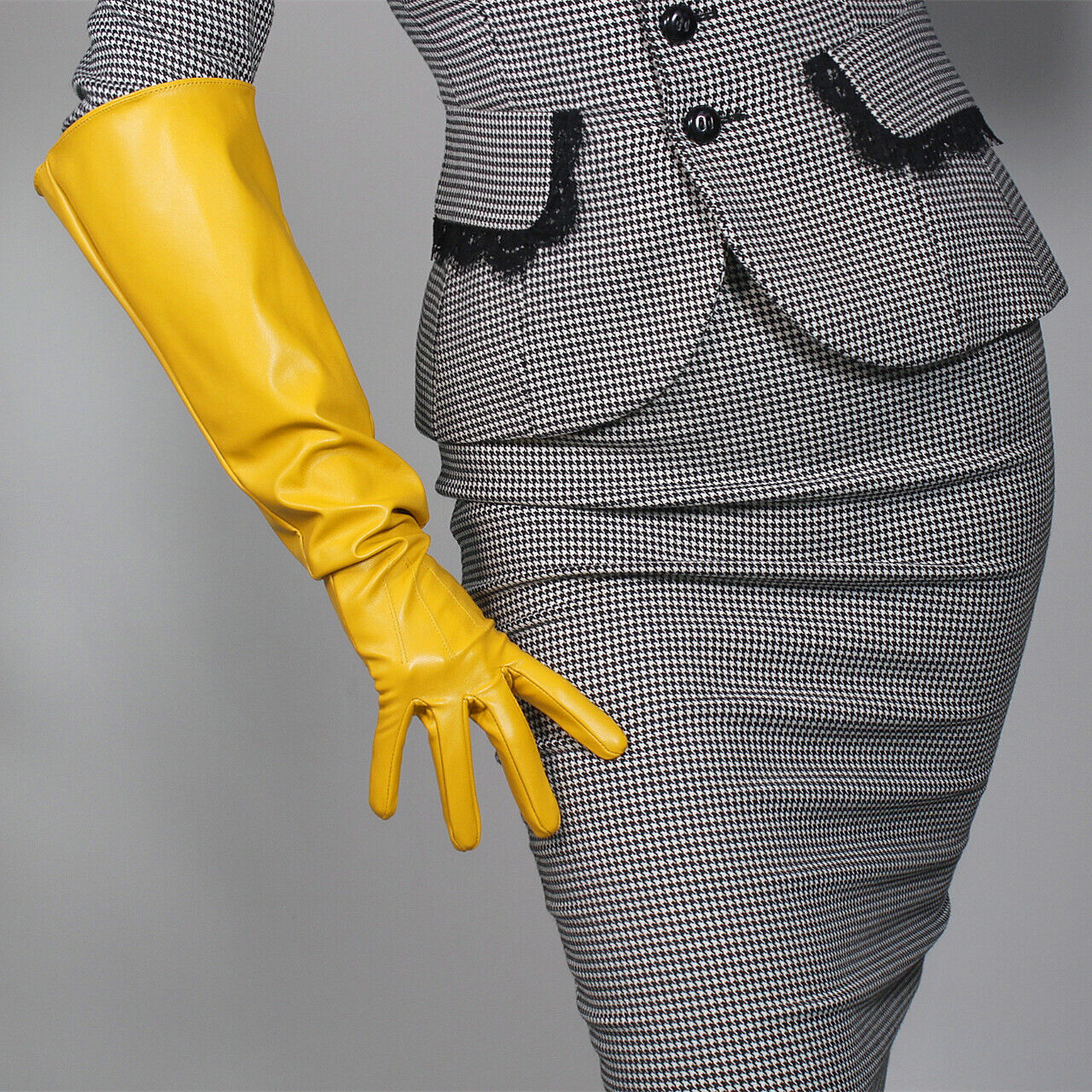 LONG GLOVES Faux Leather 50cm Ginger Mustard Yellow Loose Unisex PUFF SLEEVES L