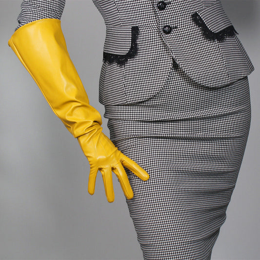 LONG GLOVES Faux Leather 50cm Ginger Mustard Yellow Loose Unisex PUFF SLEEVES L