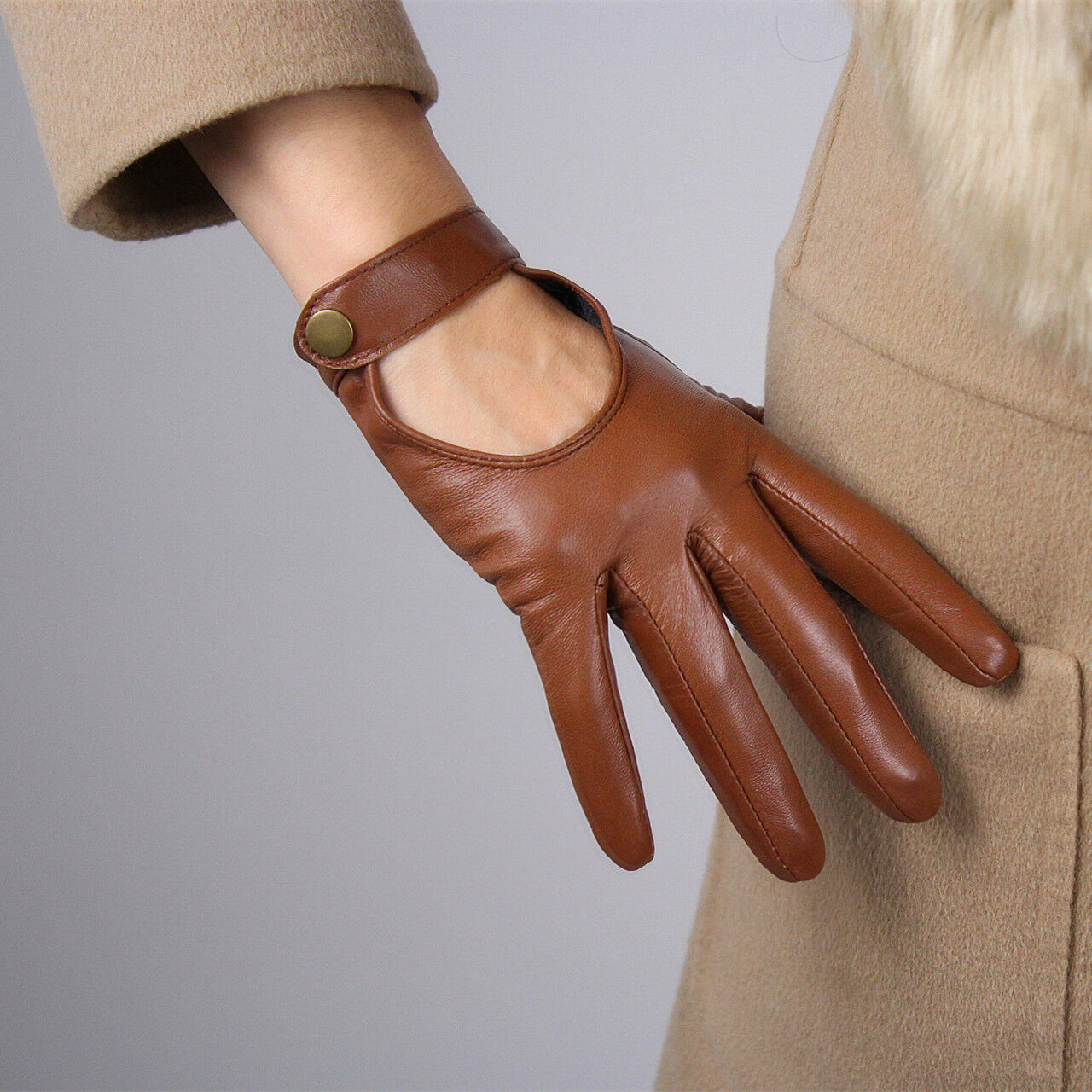 TECH GLOVES Real Leather Short Lambskin Sheepskin Brown Tan Camel Beige Caramel