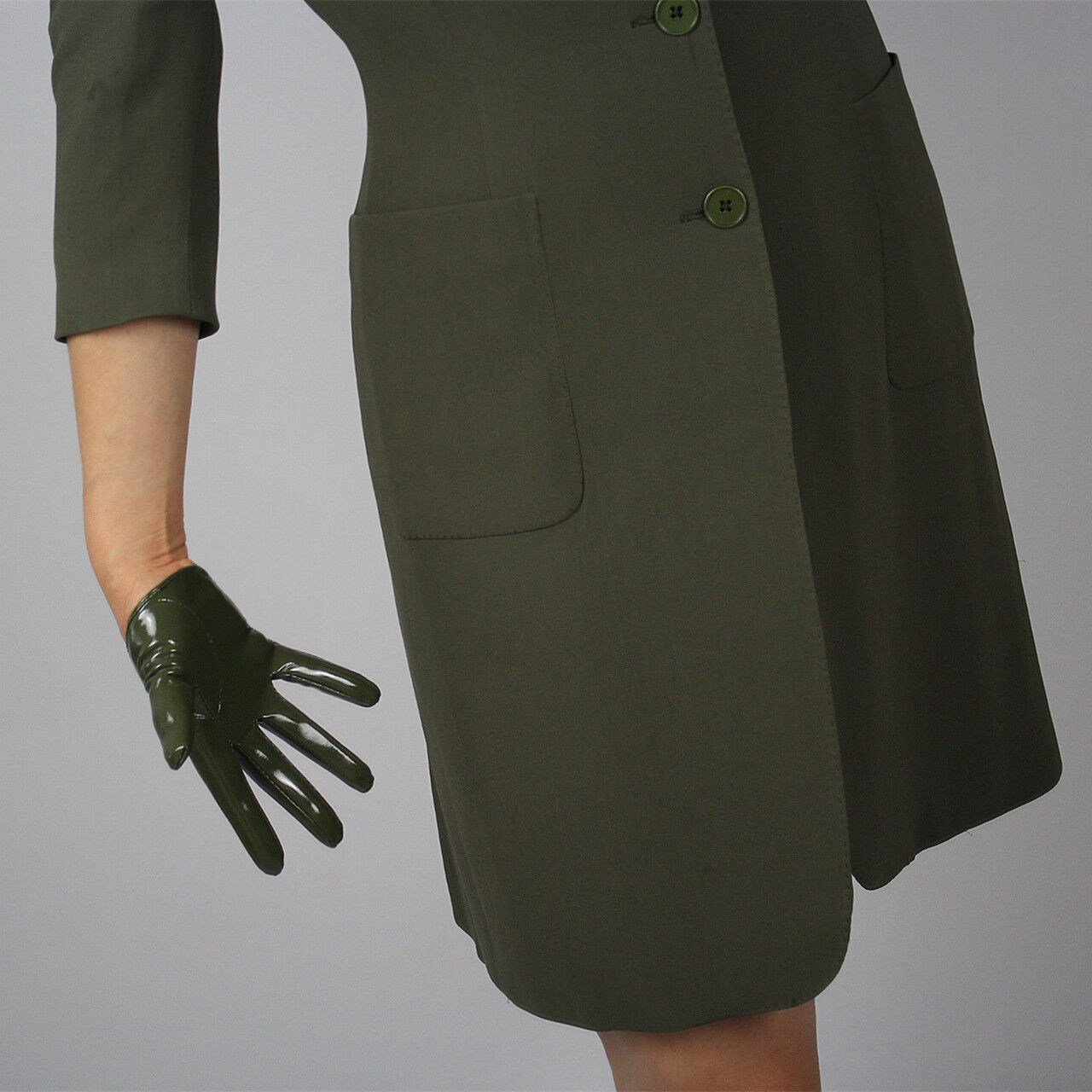 LATEX GLOVES Shine Leather Faux Patent PU 5" 13cm Extra Short Olive Army Green