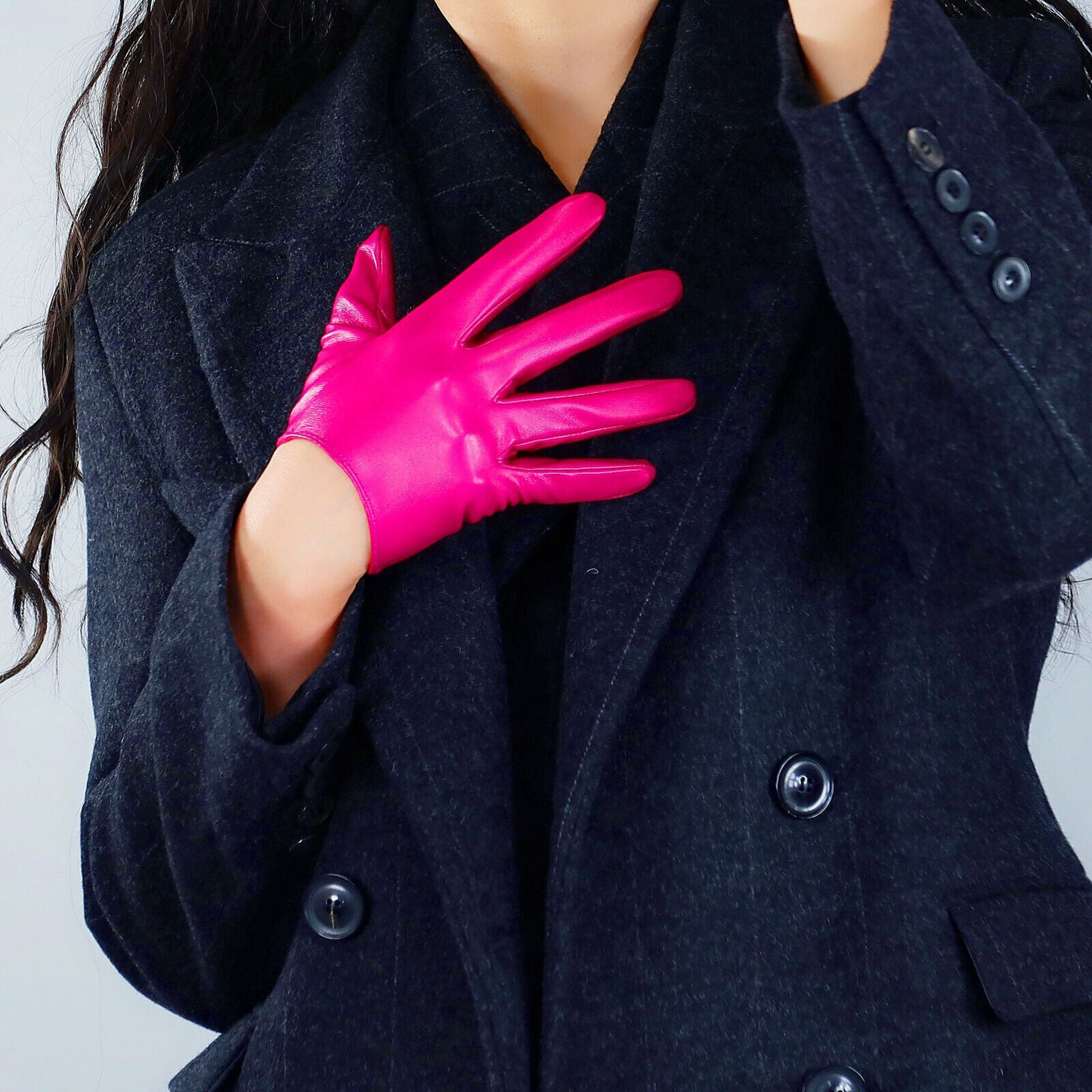 EXTRA SHORT FASHION GLOVES Faux Leather Vegan 5" 13cm Rose Pink Fuchsia Fushia